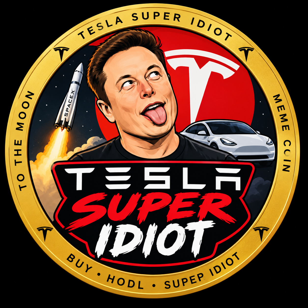 Tesla Super Idiot ($TSI) coin logo — Elon with tongue out, rocket and Tesla car